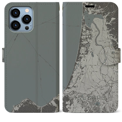 【つがる（青森県）】地図柄iPhoneケース（手帳タイプ）モノトーン・iPhone 13 Pro Max 用