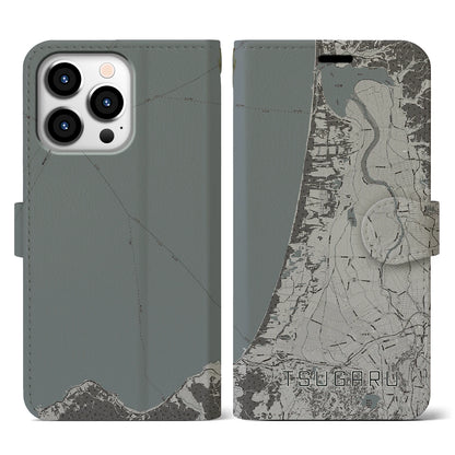 【つがる（青森県）】地図柄iPhoneケース（手帳タイプ）モノトーン・iPhone 13 Pro 用