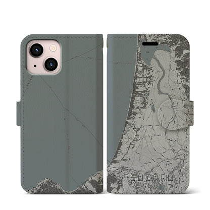 【つがる（青森県）】地図柄iPhoneケース（手帳タイプ）モノトーン・iPhone 13 mini 用