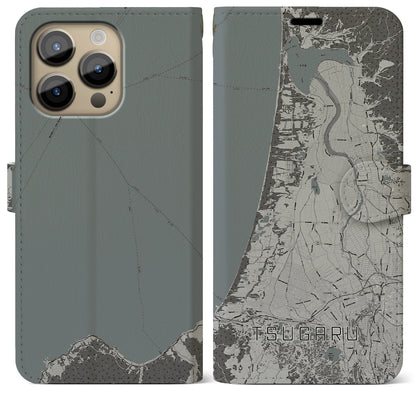 【つがる（青森県）】地図柄iPhoneケース（手帳タイプ）モノトーン・iPhone 14 Pro Max 用
