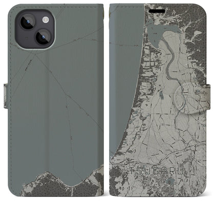 【つがる（青森県）】地図柄iPhoneケース（手帳タイプ）モノトーン・iPhone 14 Plus 用