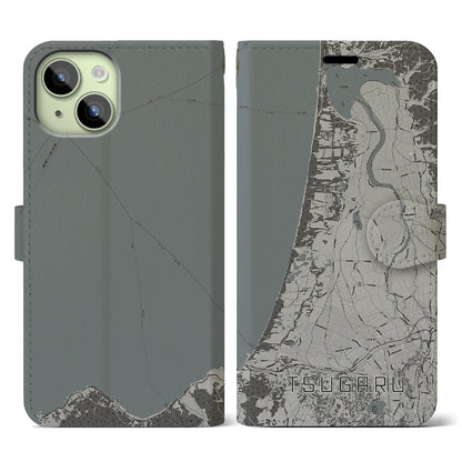 【つがる（青森県）】地図柄iPhoneケース（手帳タイプ）モノトーン・iPhone 15 用