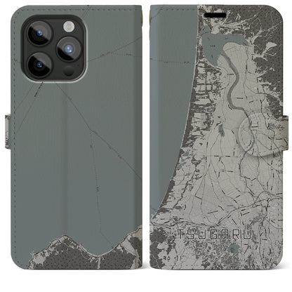 【つがる（青森県）】地図柄iPhoneケース（手帳タイプ）モノトーン・iPhone 15 Pro Max 用