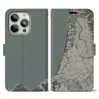 【つがる（青森県）】地図柄iPhoneケース（手帳タイプ）モノトーン・iPhone 15 Pro 用