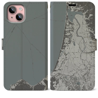 【つがる（青森県）】地図柄iPhoneケース（手帳タイプ）モノトーン・iPhone 15 Plus 用