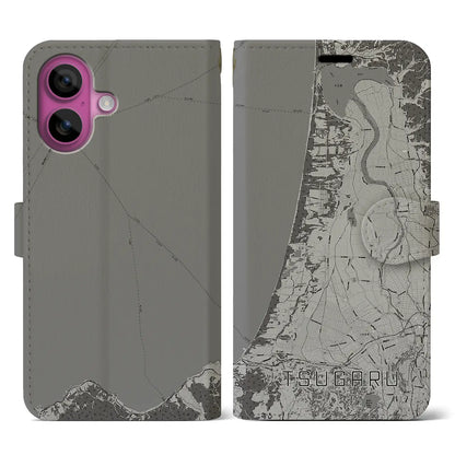 【つがる（青森県）】地図柄iPhoneケース（手帳タイプ）モノトーン・iPhone 16 Pro 用