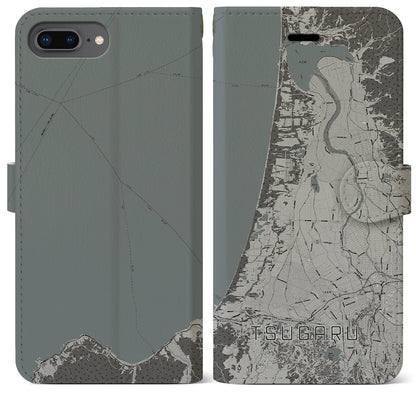 【つがる（青森県）】地図柄iPhoneケース（手帳タイプ）モノトーン・iPhone 8Plus /7Plus / 6sPlus / 6Plus 用