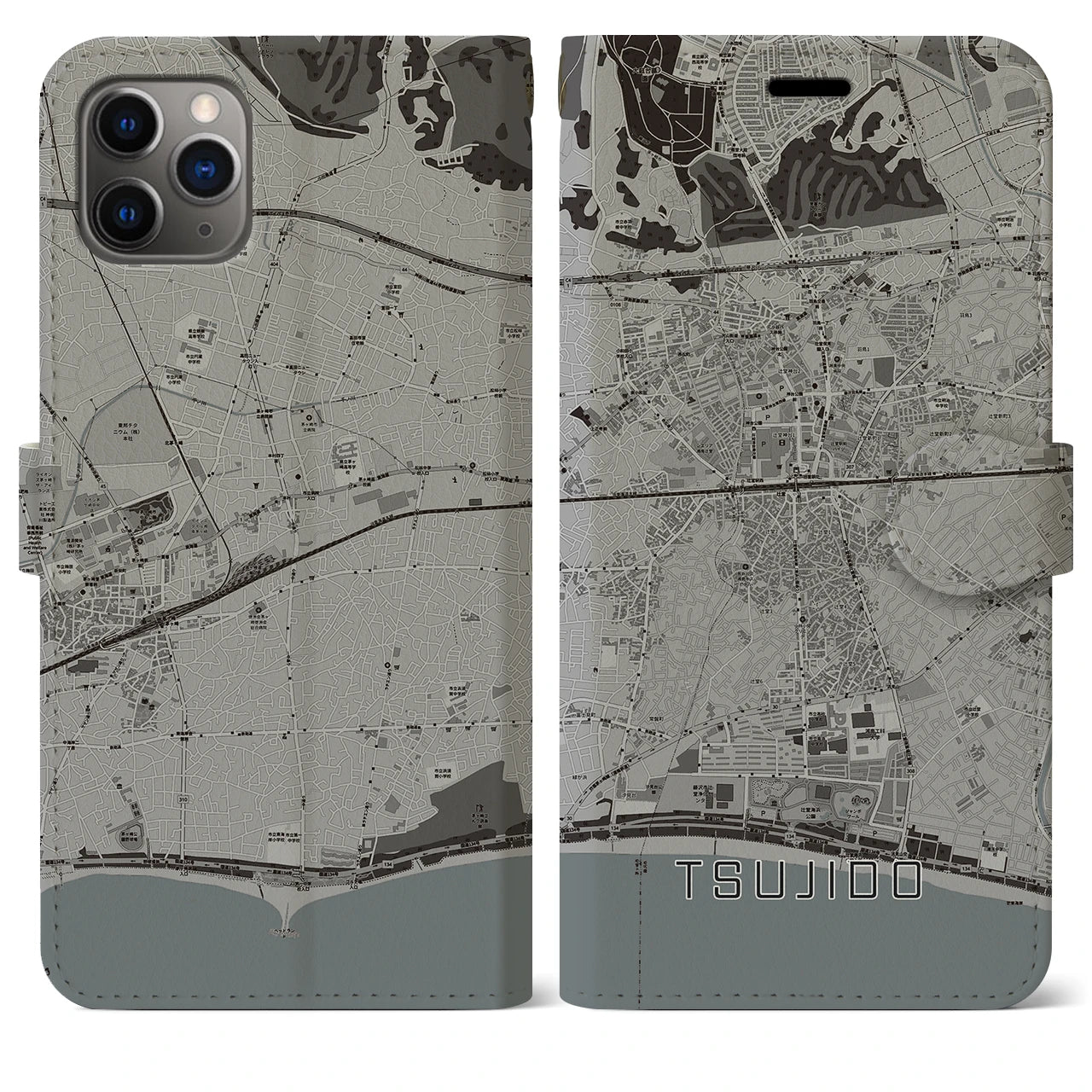 【辻堂】地図柄iPhoneケース（手帳両面タイプ・モノトーン）iPhone 11 Pro Max 用