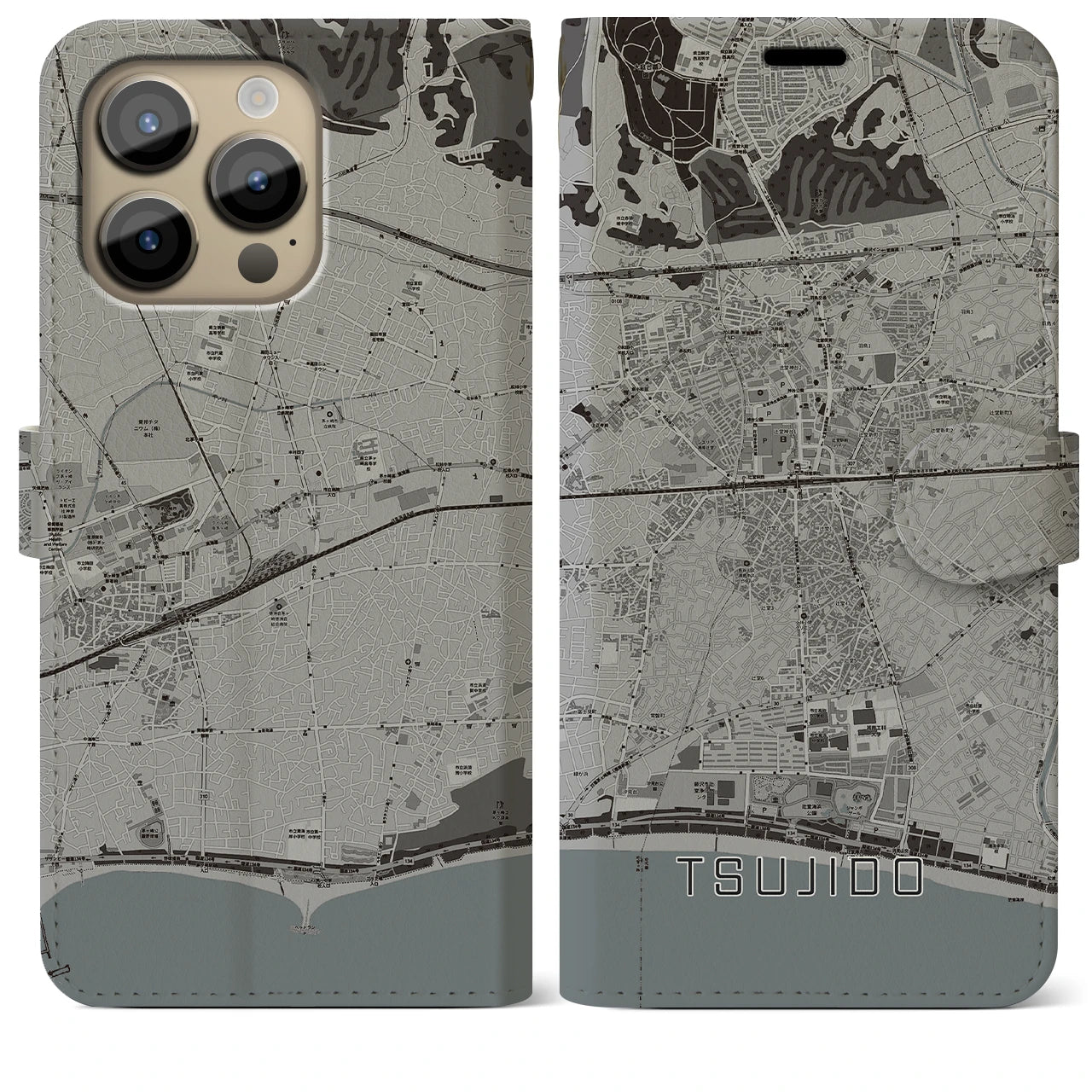 【辻堂】地図柄iPhoneケース（手帳両面タイプ・モノトーン）iPhone 14 Pro Max 用