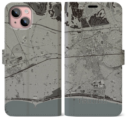 【辻堂（神奈川県）】地図柄iPhoneケース（手帳タイプ）モノトーン・iPhone 15 Plus 用