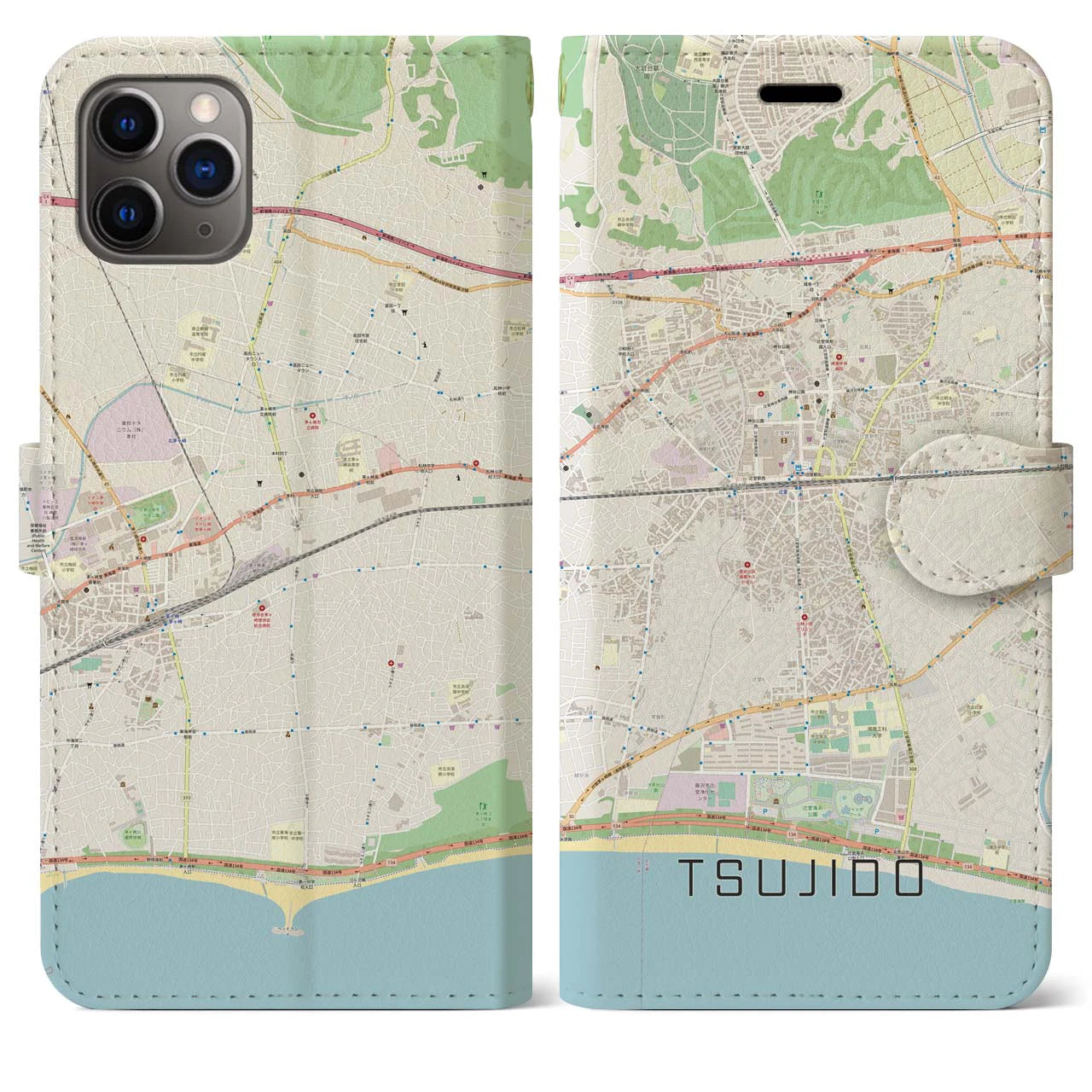 【辻堂】地図柄iPhoneケース（手帳両面タイプ・ナチュラル）iPhone 11 Pro Max 用