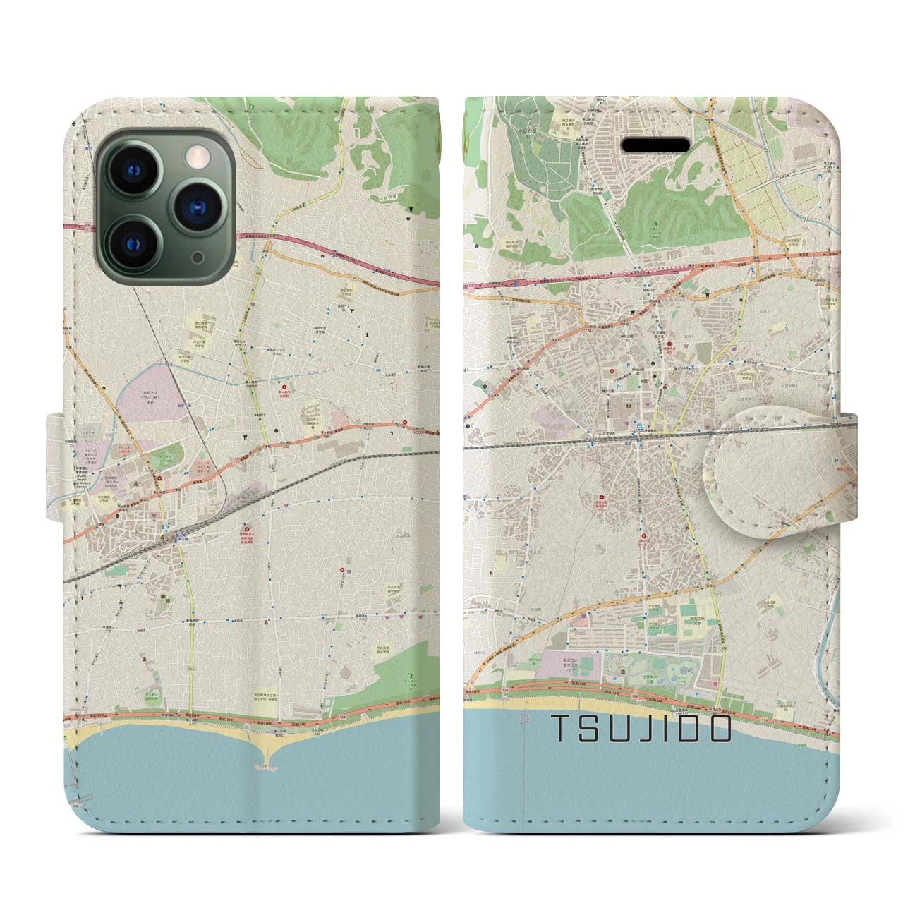 【辻堂】地図柄iPhoneケース（手帳両面タイプ・ナチュラル）iPhone 11 Pro 用