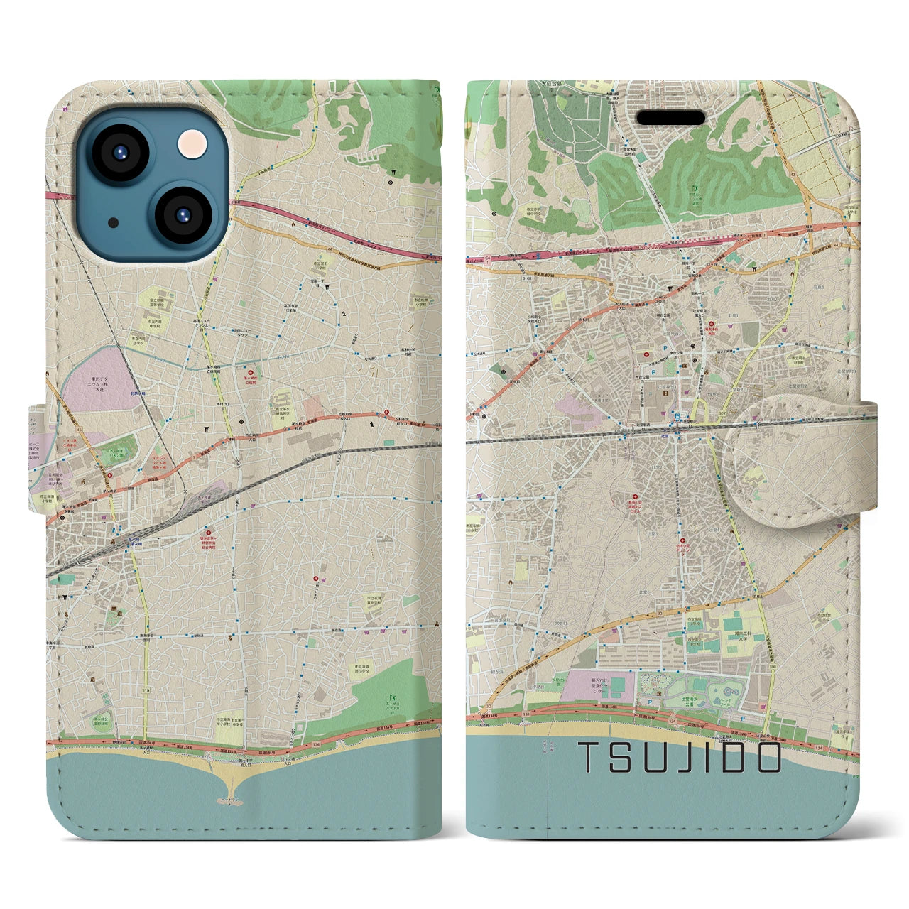 【辻堂】地図柄iPhoneケース（手帳両面タイプ・ナチュラル）iPhone 13 用