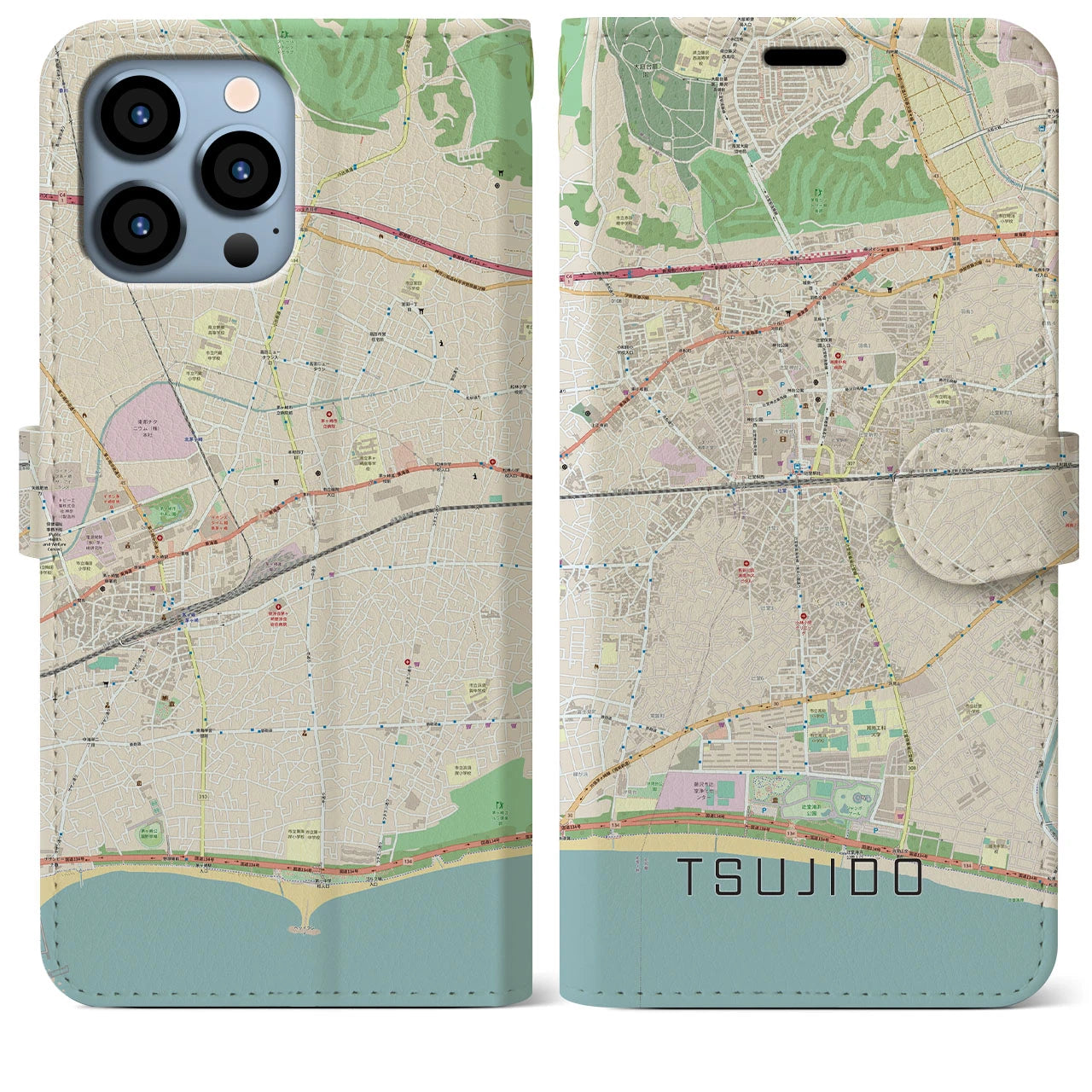 【辻堂】地図柄iPhoneケース（手帳両面タイプ・ナチュラル）iPhone 13 Pro Max 用