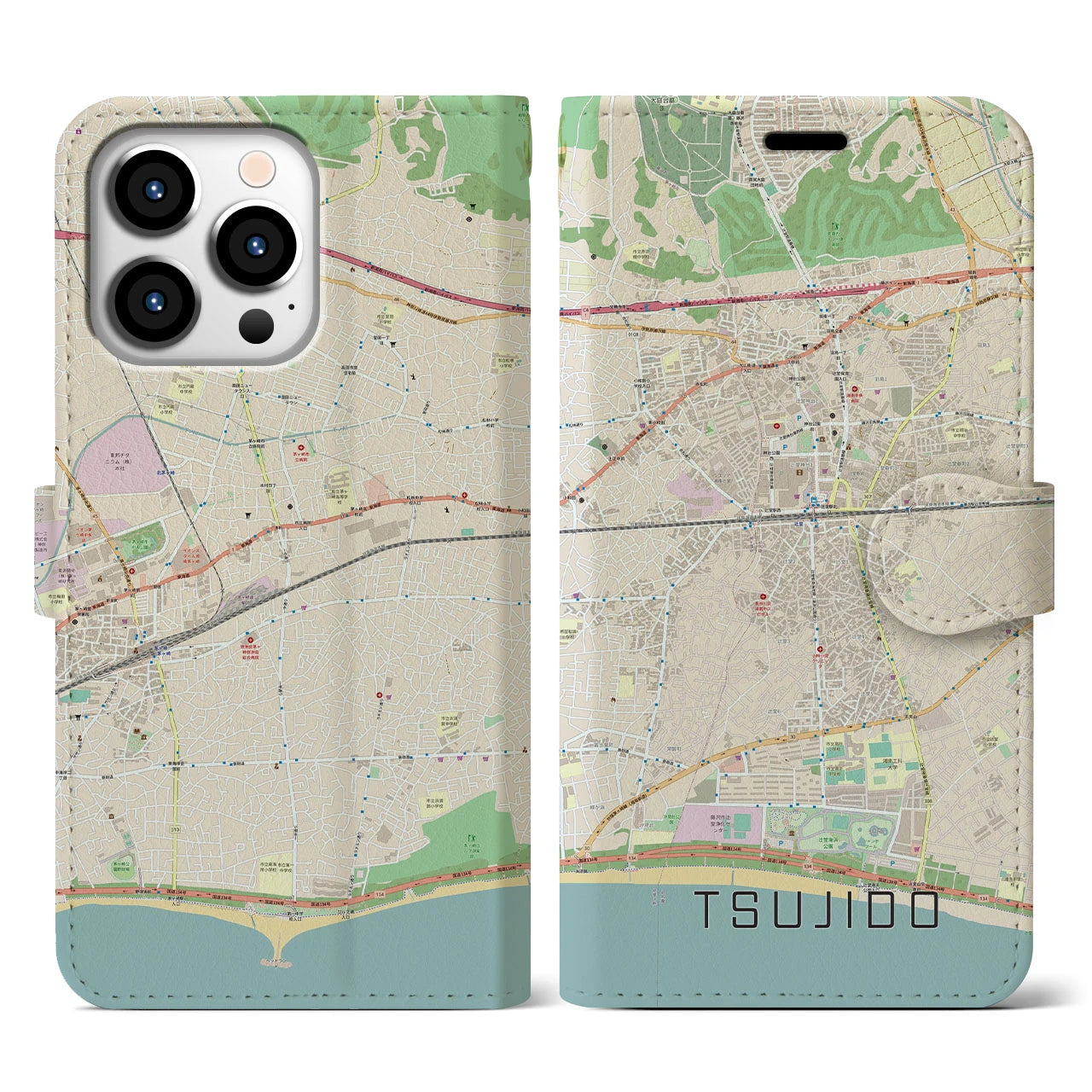 【辻堂】地図柄iPhoneケース（手帳両面タイプ・ナチュラル）iPhone 13 Pro 用