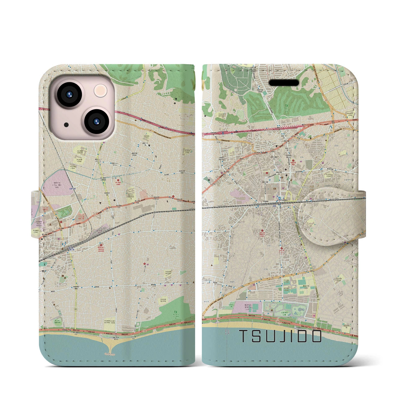 【辻堂】地図柄iPhoneケース（手帳両面タイプ・ナチュラル）iPhone 13 mini 用