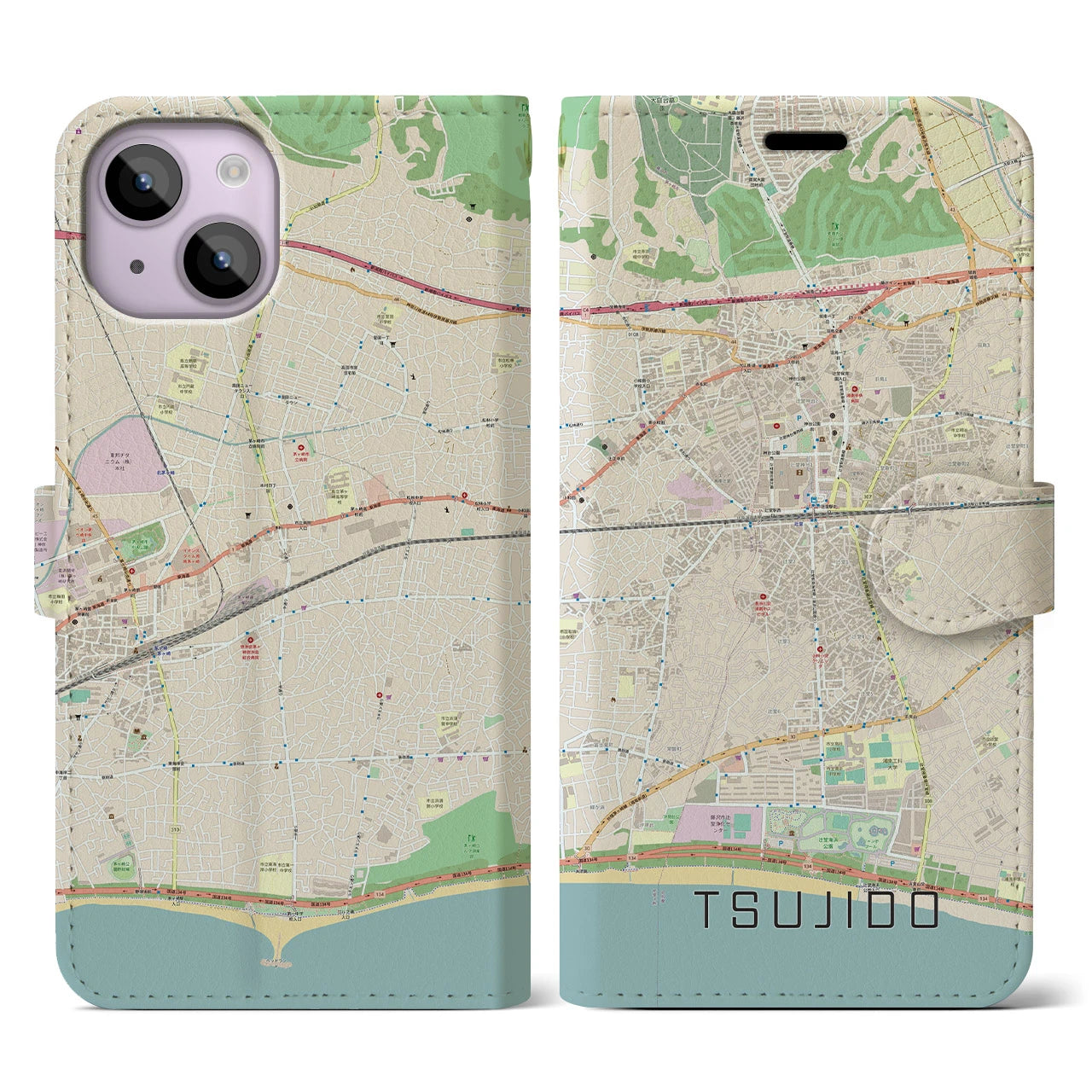 【辻堂】地図柄iPhoneケース（手帳両面タイプ・ナチュラル）iPhone 14 用