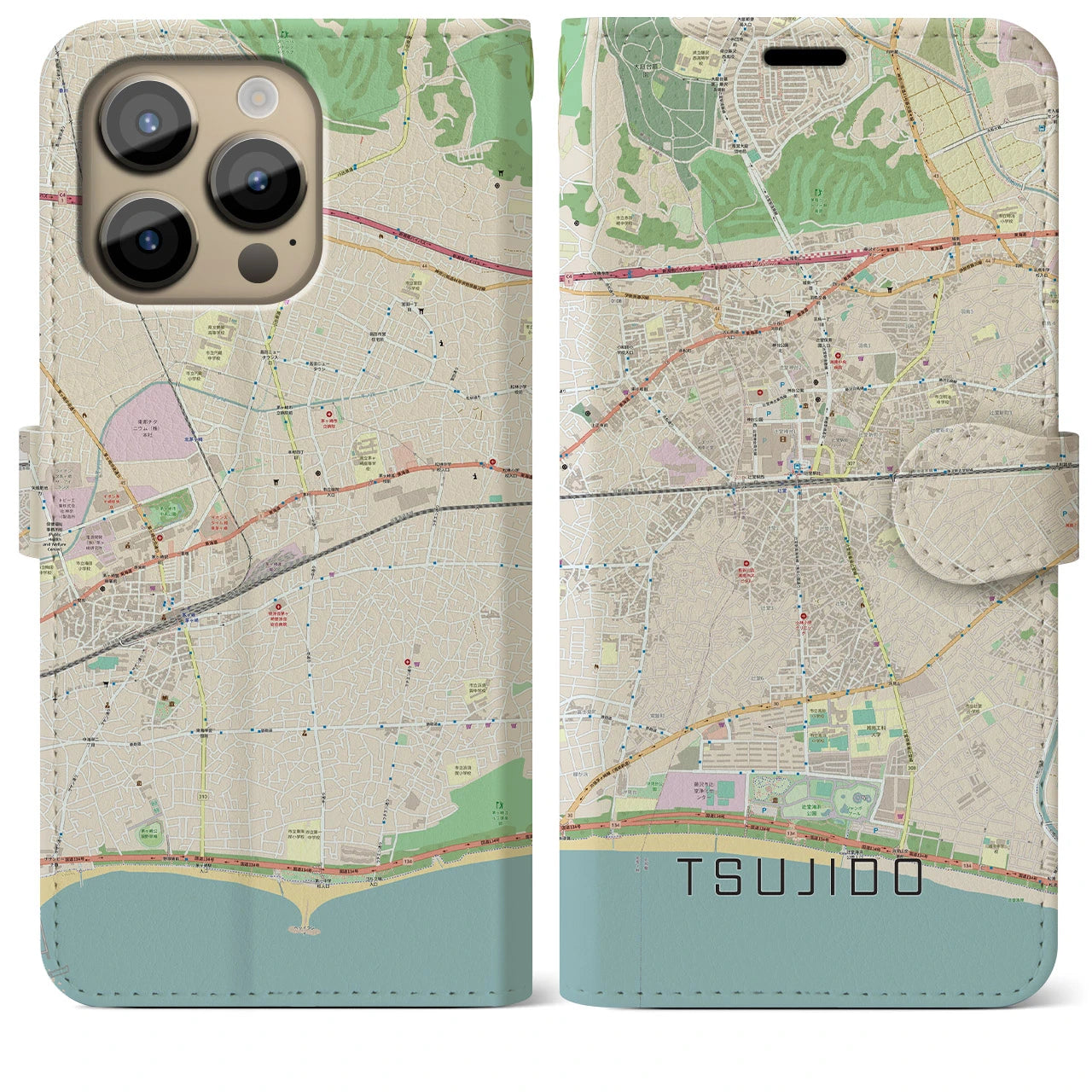 【辻堂】地図柄iPhoneケース（手帳両面タイプ・ナチュラル）iPhone 14 Pro Max 用
