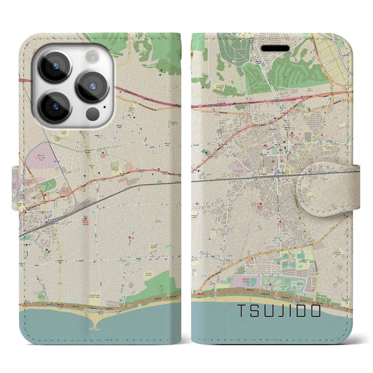 【辻堂】地図柄iPhoneケース（手帳両面タイプ・ナチュラル）iPhone 14 Pro 用