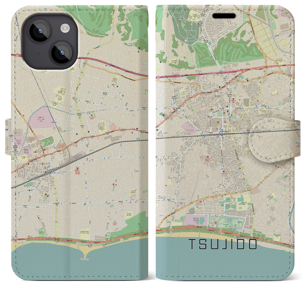 【辻堂】地図柄iPhoneケース（手帳両面タイプ・ナチュラル）iPhone 14 Plus 用