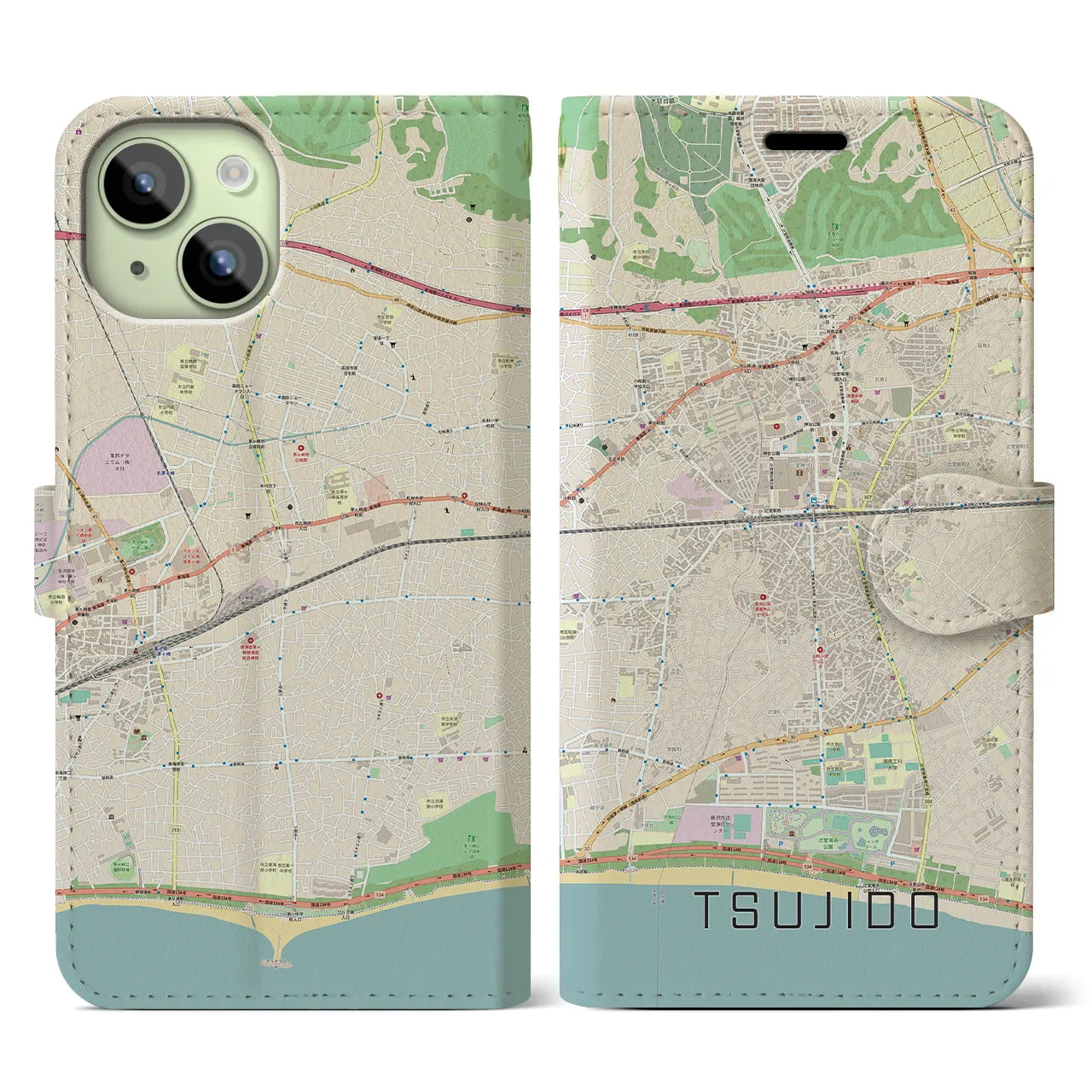 【辻堂】地図柄iPhoneケース（手帳両面タイプ・ナチュラル）iPhone 15 用