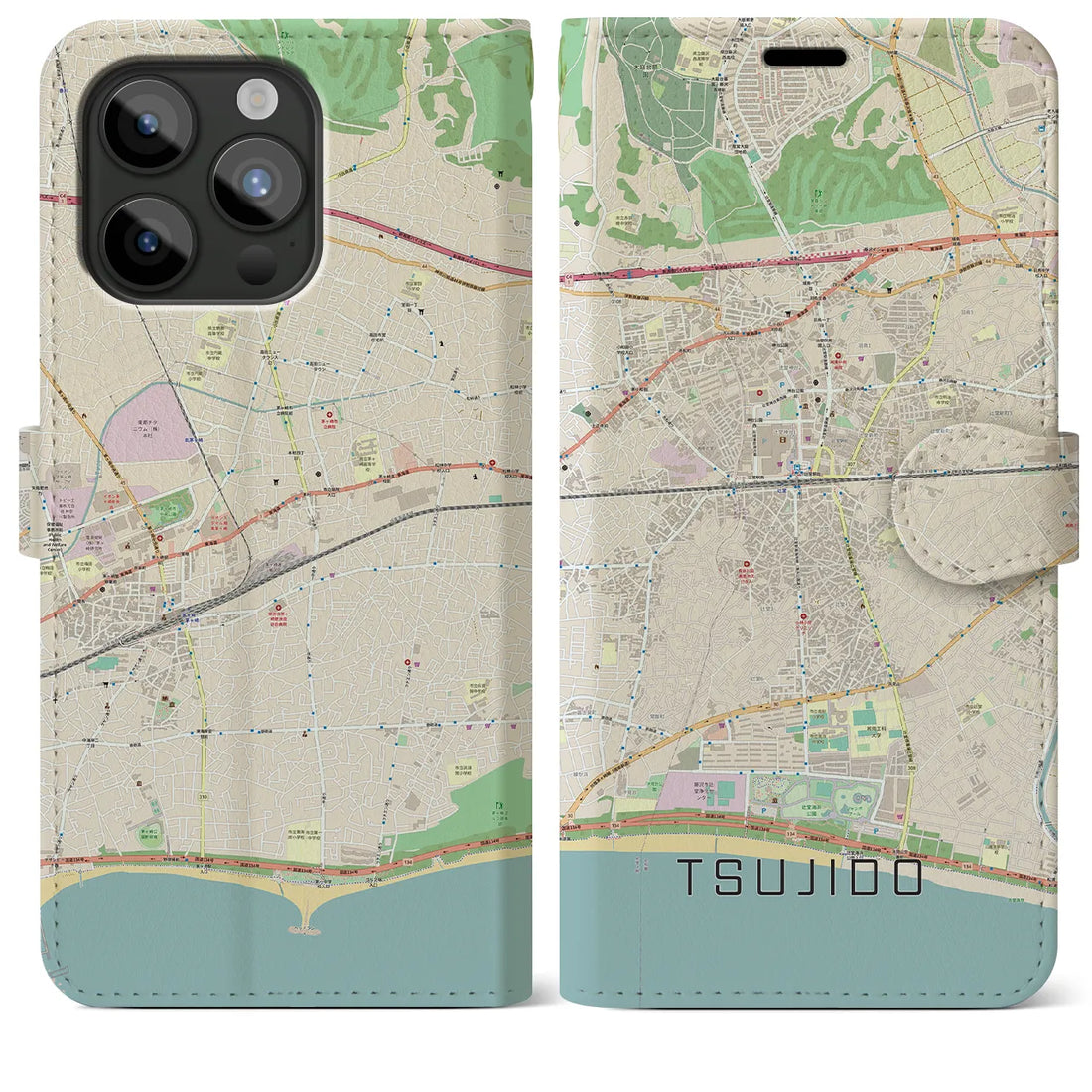 【辻堂】地図柄iPhoneケース（手帳両面タイプ・ナチュラル）iPhone 15 Pro Max 用