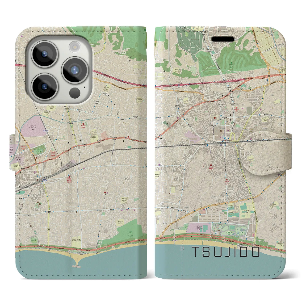 【辻堂】地図柄iPhoneケース（手帳両面タイプ・ナチュラル）iPhone 15 Pro 用