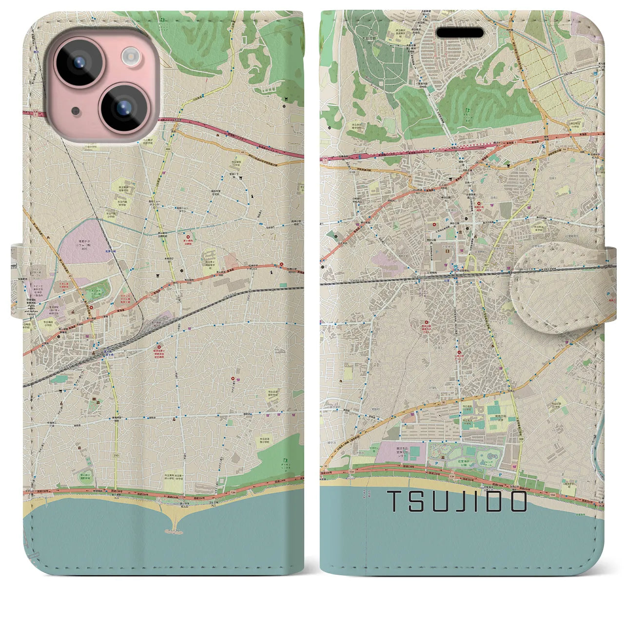 【辻堂】地図柄iPhoneケース（手帳両面タイプ・ナチュラル）iPhone 15 Plus 用