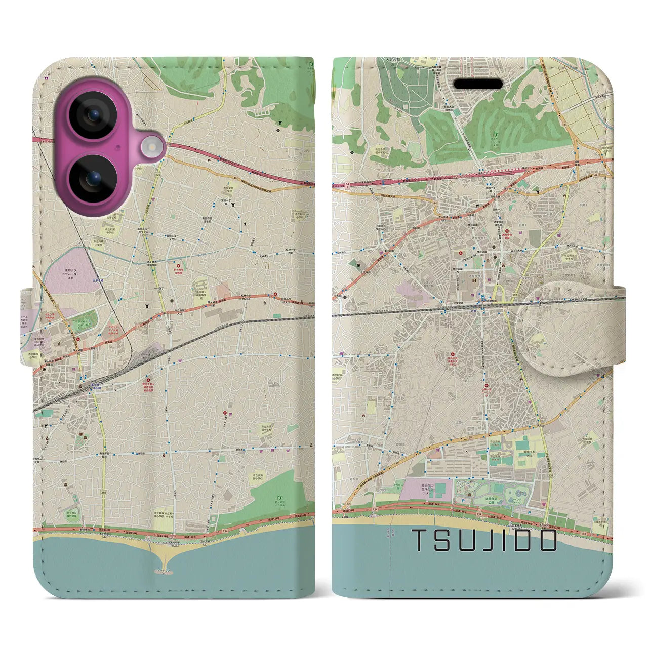 【辻堂（神奈川県）】地図柄iPhoneケース（手帳タイプ）ナチュラル・iPhone 16 Pro 用