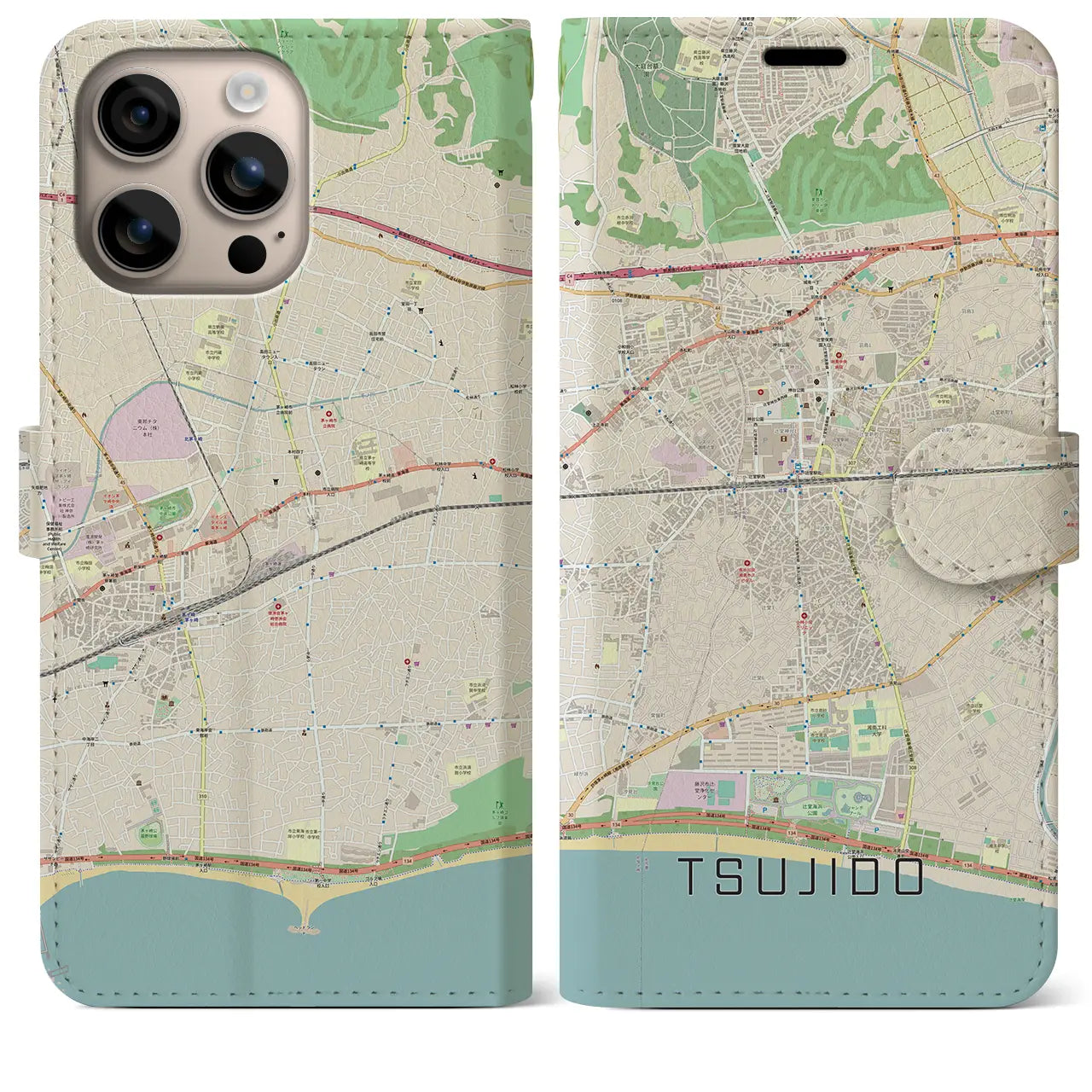 【辻堂（神奈川県）】地図柄iPhoneケース（手帳タイプ）ナチュラル・iPhone 16 Plus 用