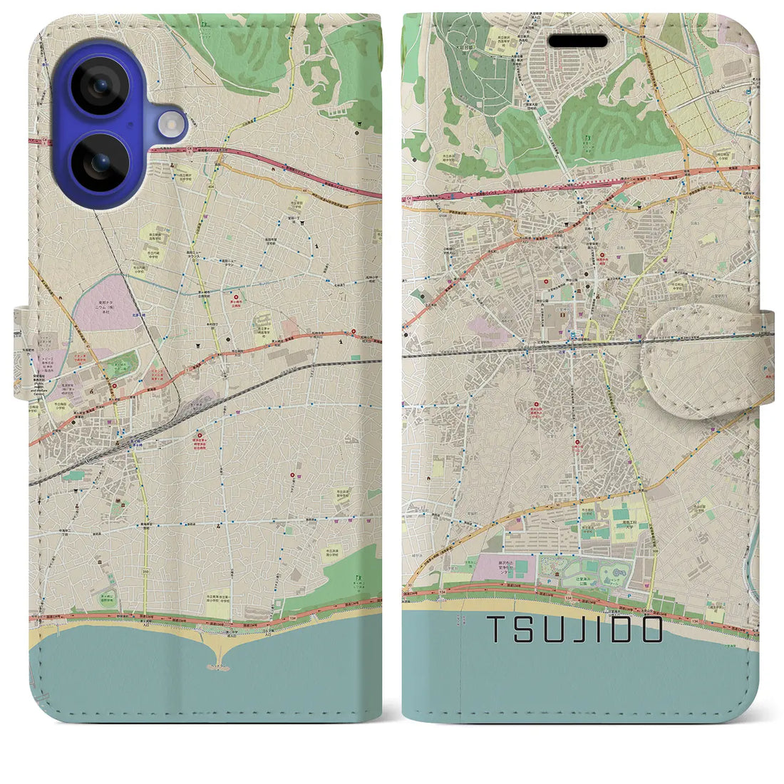 【辻堂（神奈川県）】地図柄iPhoneケース（手帳タイプ）ナチュラル・iPhone 16 Pro Max 用