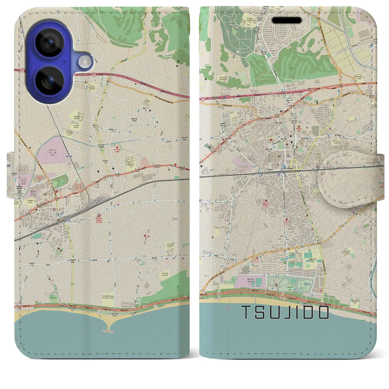 【辻堂（神奈川県）】地図柄iPhoneケース（手帳タイプ）ナチュラル・iPhone 16 Pro Max 用