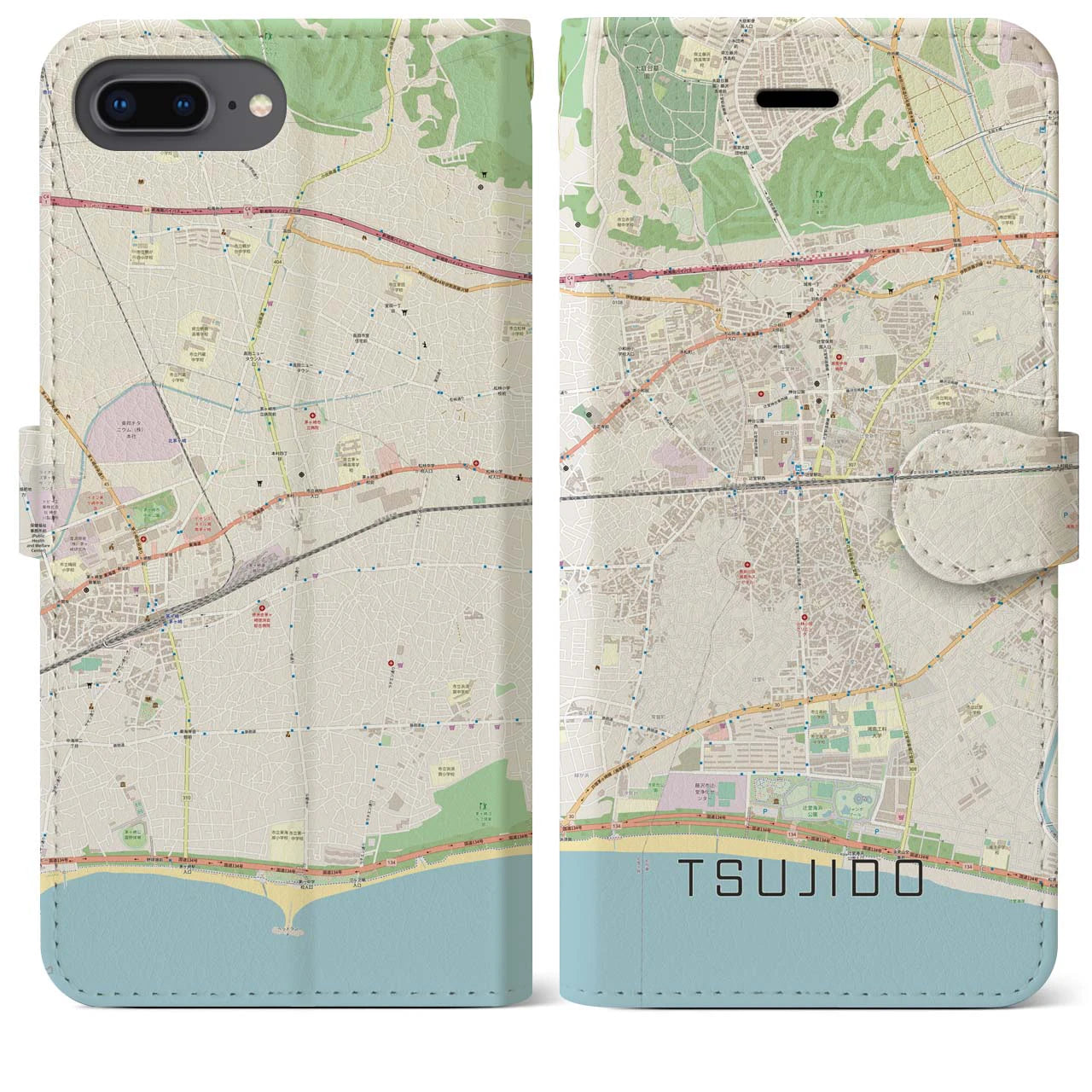 【辻堂】地図柄iPhoneケース（手帳両面タイプ・ナチュラル）iPhone 8Plus /7Plus / 6sPlus / 6Plus 用