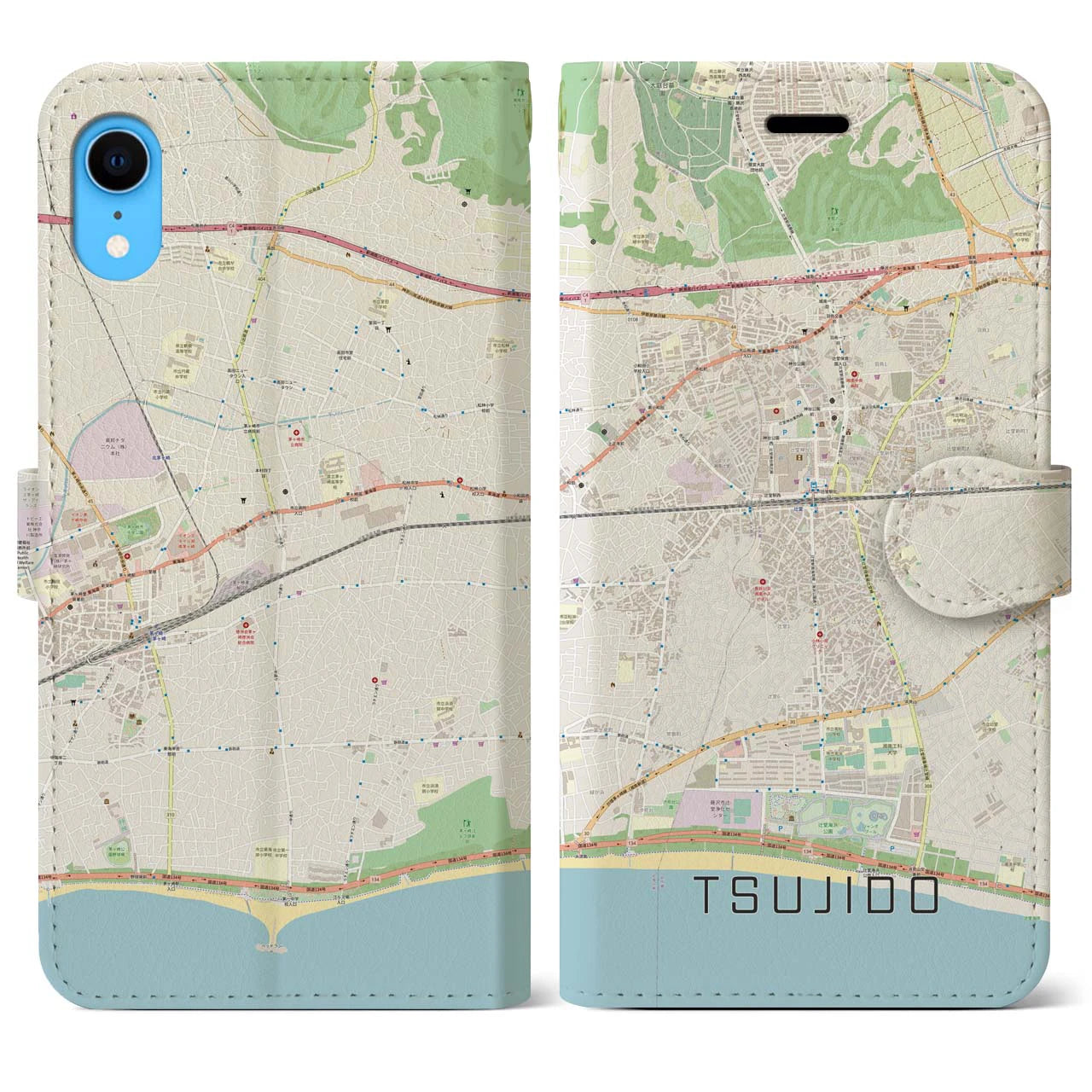 【辻堂】地図柄iPhoneケース（手帳両面タイプ・ナチュラル）iPhone XR 用