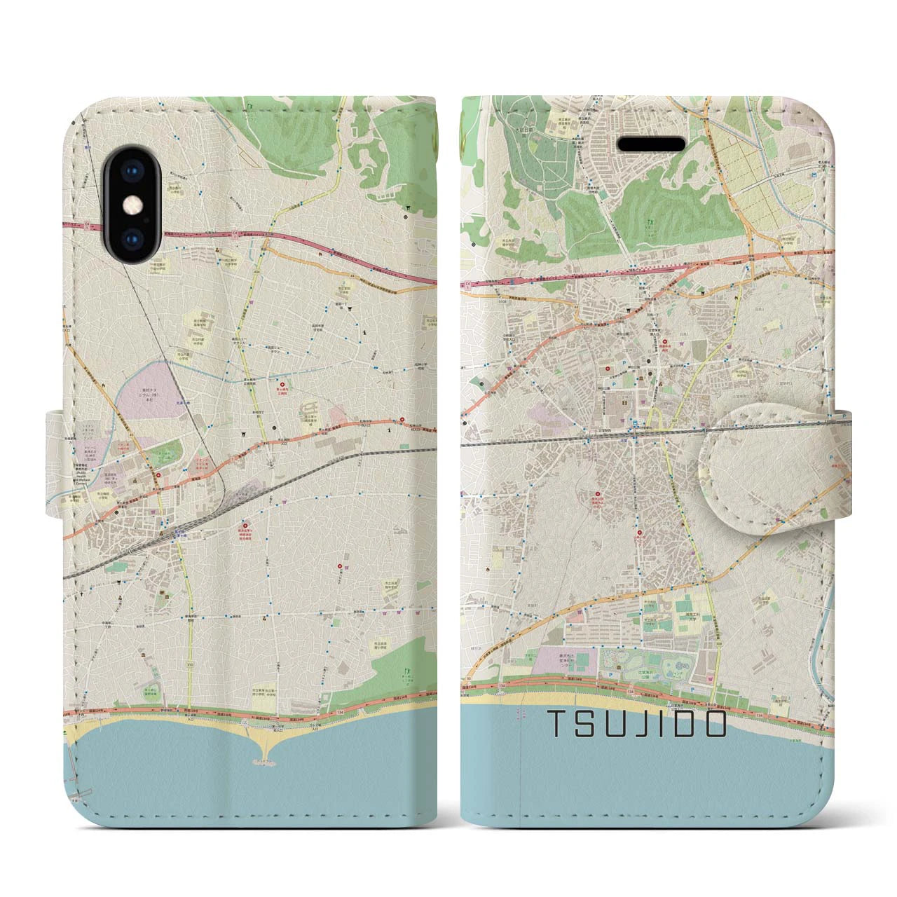 【辻堂】地図柄iPhoneケース（手帳両面タイプ・ナチュラル）iPhone XS / X 用
