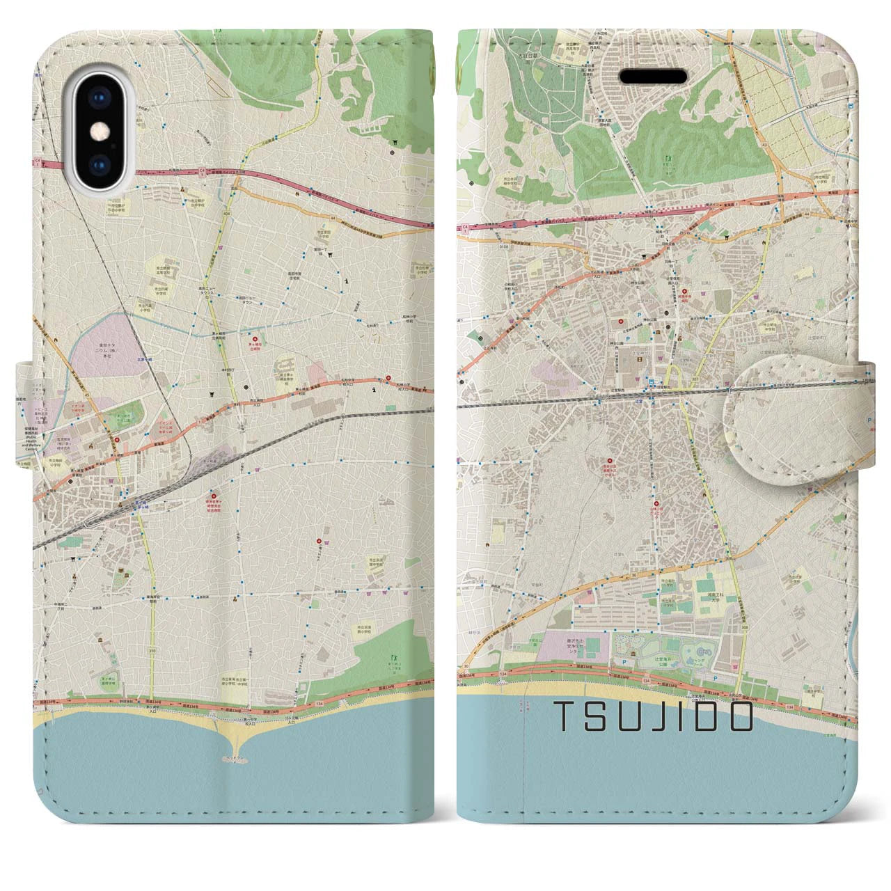【辻堂】地図柄iPhoneケース（手帳両面タイプ・ナチュラル）iPhone XS Max 用