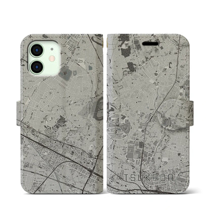 【塚田（千葉県）】地図柄iPhoneケース（手帳タイプ）モノトーン・iPhone 12 mini 用