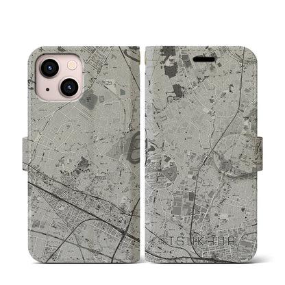 【塚田（千葉県）】地図柄iPhoneケース（手帳タイプ）モノトーン・iPhone 13 mini 用