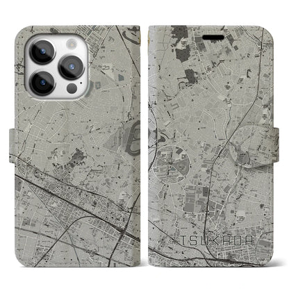 【塚田（千葉県）】地図柄iPhoneケース（手帳タイプ）モノトーン・iPhone 14 Pro 用