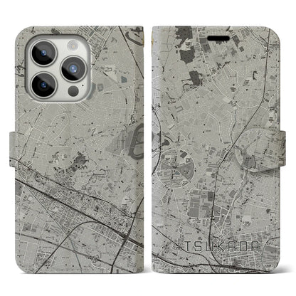 【塚田（千葉県）】地図柄iPhoneケース（手帳タイプ）モノトーン・iPhone 15 Pro 用