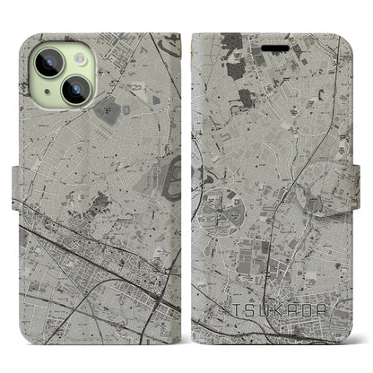 【塚田（千葉県）】地図柄iPhoneケース（手帳タイプ）モノトーン・iPhone 15 用