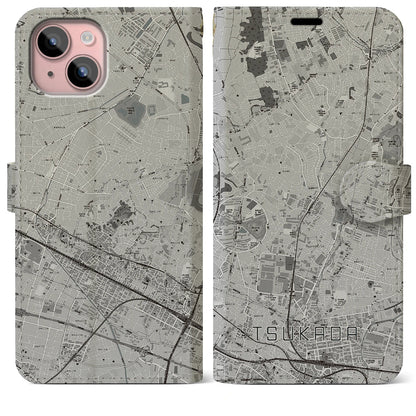 【塚田（千葉県）】地図柄iPhoneケース（手帳タイプ）モノトーン・iPhone 15 Plus 用