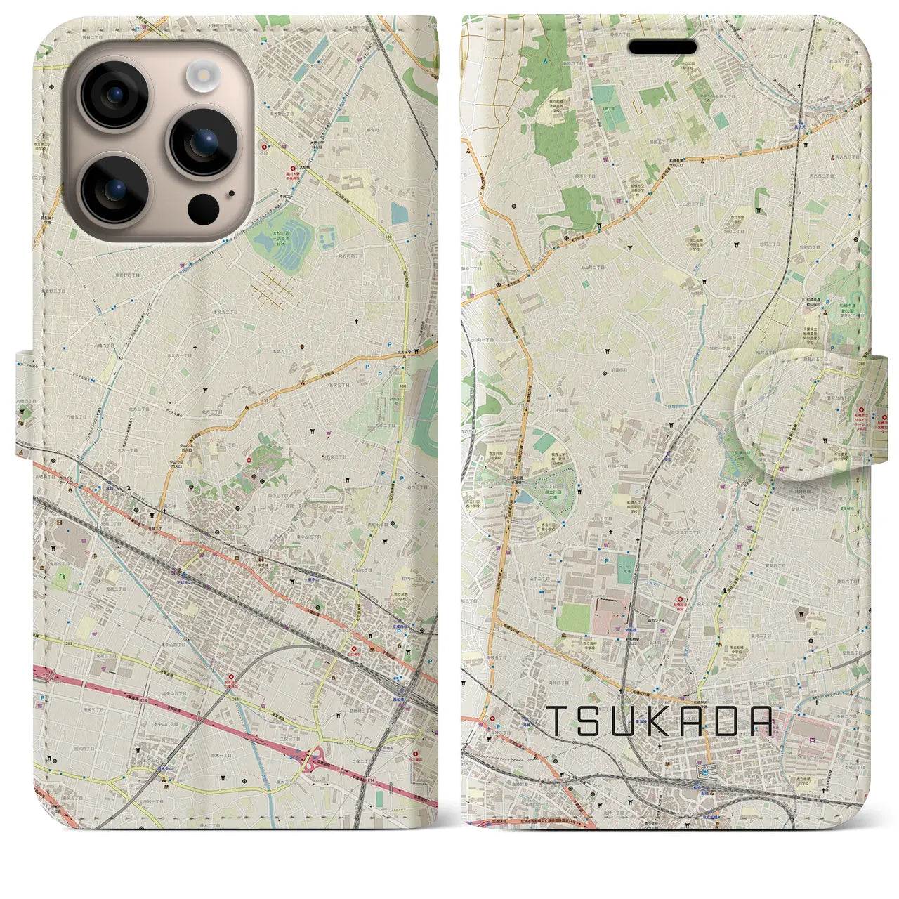 【塚田（千葉県）】地図柄iPhoneケース（手帳タイプ）ナチュラル・iPhone 16 Plus 用