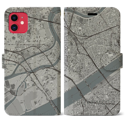 【塚本（大阪府）】地図柄iPhoneケース（手帳タイプ）モノトーン・iPhone 11 用