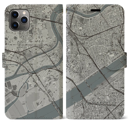 【塚本（大阪府）】地図柄iPhoneケース（手帳タイプ）モノトーン・iPhone 11 Pro Max 用