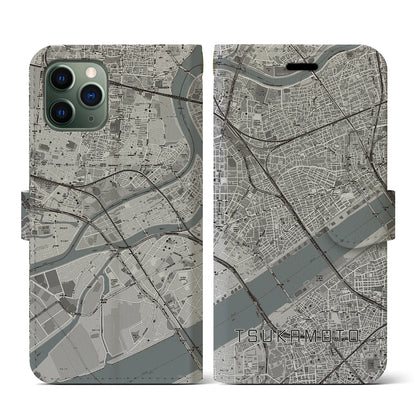 【塚本（大阪府）】地図柄iPhoneケース（手帳タイプ）モノトーン・iPhone 11 Pro 用