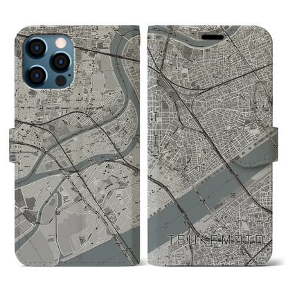 【塚本（大阪府）】地図柄iPhoneケース（手帳タイプ）モノトーン・iPhone 12 / 12 Pro 用