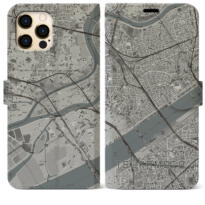 【塚本（大阪府）】地図柄iPhoneケース（手帳タイプ）モノトーン・iPhone 12 Pro Max 用
