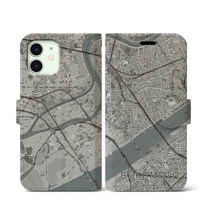 【塚本（大阪府）】地図柄iPhoneケース（手帳タイプ）モノトーン・iPhone 12 mini 用