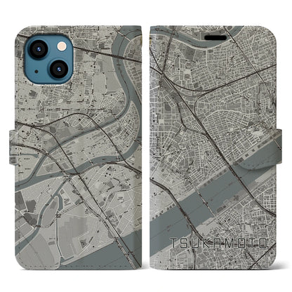 【塚本（大阪府）】地図柄iPhoneケース（手帳タイプ）モノトーン・iPhone 13 用